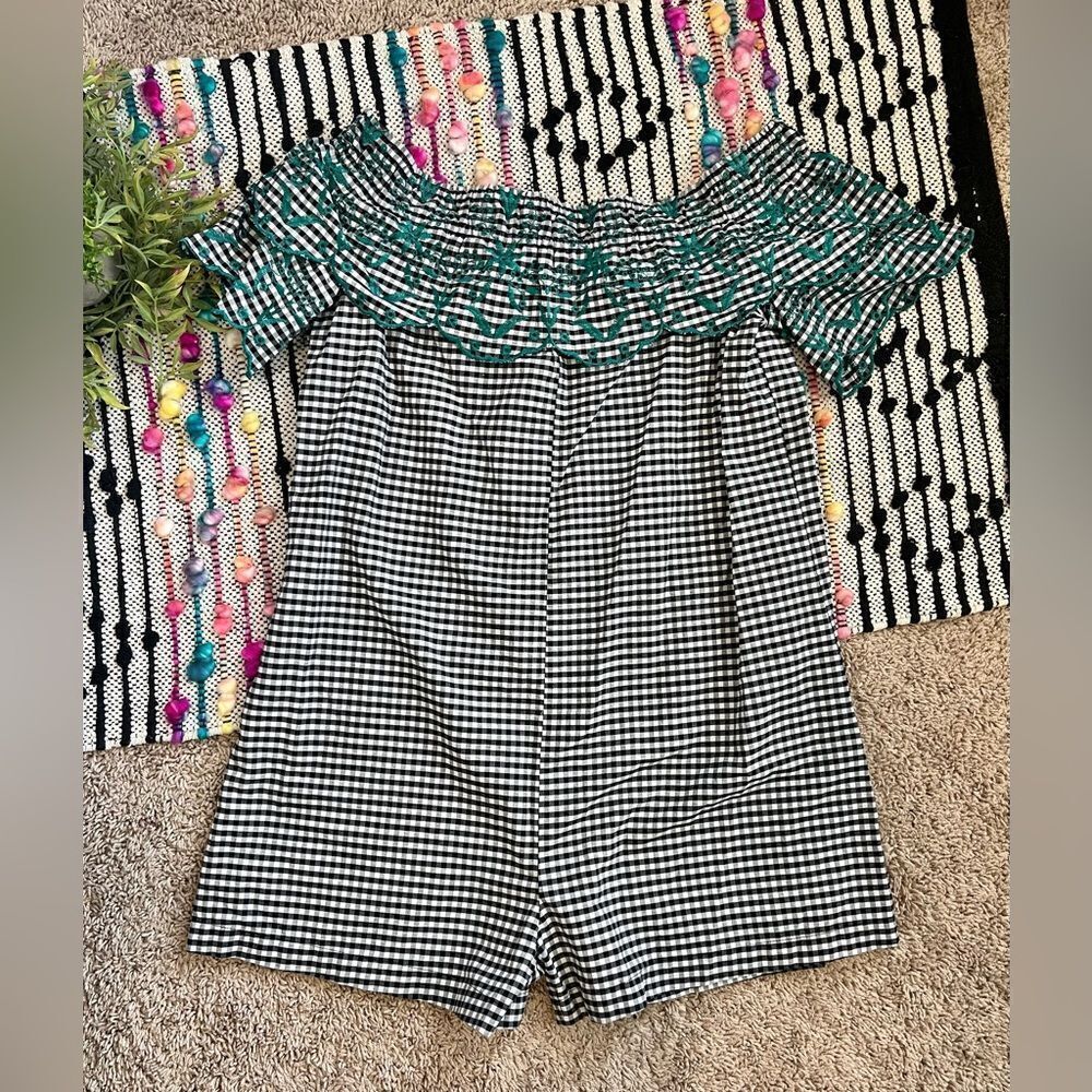 Loft Beach Black White Gingham Green Embroidery Ruffle Off Shoulder Romper Sz S